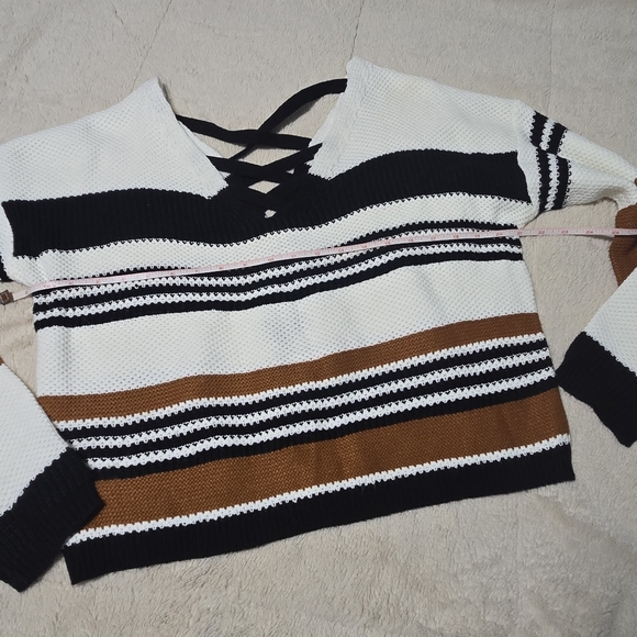 Full Circle Striped Sweater lace up back terracotta ut burnt orange sweater, L - Picture 8 of 13